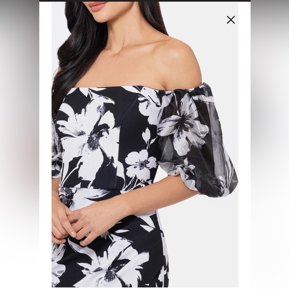 Xscape Black and White Floral Off-Shoulder Maxi Dress